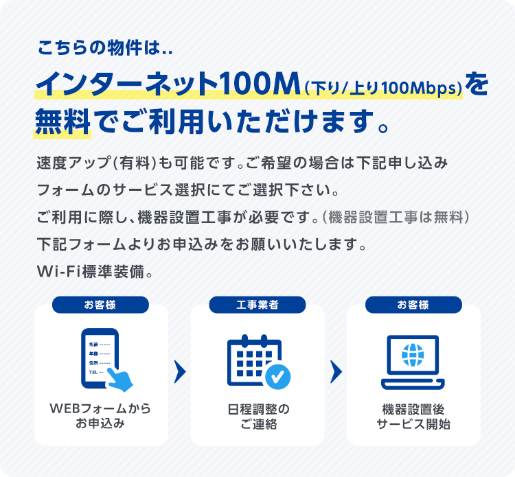 こちらの物件は、インターネット100M（下り/上り100Mbps)を 無料でご利用いただけます。