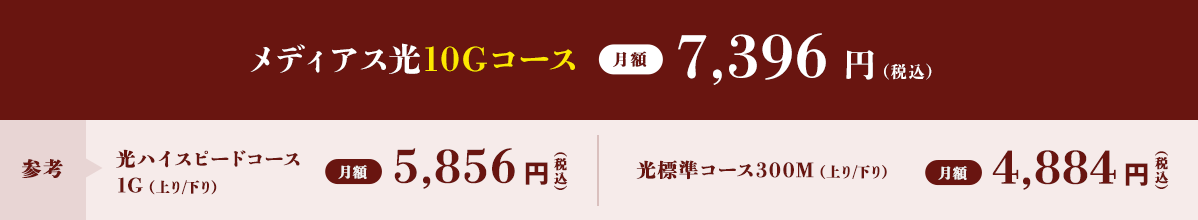 メディアス光10Gコースは月額8936円(税込)。参考ですが、光ハイスピードコース1G(上り/下り)は月額5658円(税込)、光標準コース300M(上り/下り)は月額4884円(税込)です。