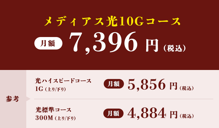 メディアス光10Gコースは月額8936円(税込)。参考ですが、光ハイスピードコース1G(上り/下り)は月額5658円(税込)、光標準コース300M(上り/下り)は月額4884円(税込)です。