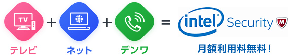 テレビ+ネット+デンワ=マカフィー®セキュリティサービスの月額利用料無料!