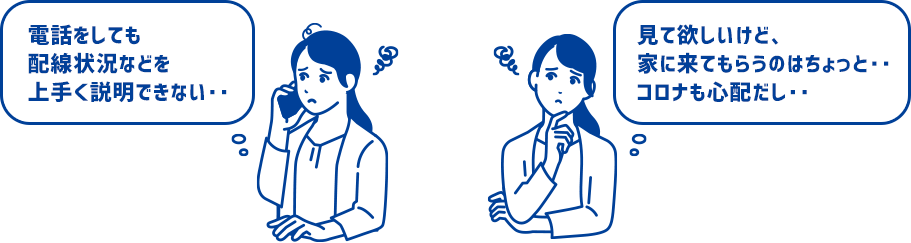 電話をしても配線状況などを上手く説明できない・・、見て欲しいけど、家に来てもらうのはちょっと・・コロナも心配だし・・